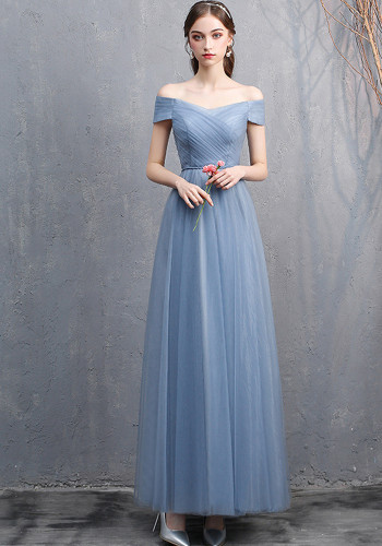 Damen-Brautjungfernkleid Blaues schulterfreies Abendkleid