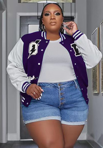 Jaqueta de beisebol feminina tamanho grande estampada com botões colorblock com nervuras