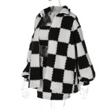 Women Black and White Check Plush Long Sleeve Coat Wrap Skirt Three-Piece