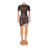 Autumn and winter women's sexy fringed mesh Beaded See-Through dress