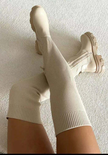 Botas de algodón para mujer, botas Martin largas de otoño e invierno, botas por encima de la rodilla de tejido de cuero con retazos