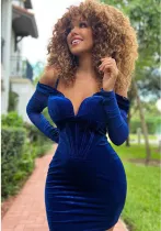 Women's Fashion Mesh Long Sleeve Off Shoulder V-Neck velvet Strap Dress