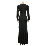 Fashion women's solid color pleated v-neck long-sleeved dress