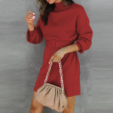 Women Turtleneck Belt Loose Sweater Dress
