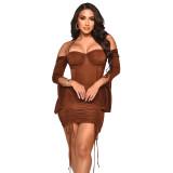 Ladies Fashion Strapless Ruched Tie Long Sleeve Dress