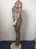 Fall/Winter Women's Plaid Print Turndown Collar Slim Fit Ruffle Zip Plus Size Bodysuit