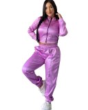 Autumn and winter popular women's solid color zipper loose Casual sports two-piece set
