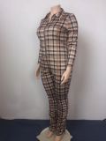 Fall/Winter Women's Plaid Print Turndown Collar Slim Fit Ruffle Zip Plus Size Bodysuit