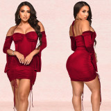 Ladies Fashion Strapless Ruched Tie Long Sleeve Dress