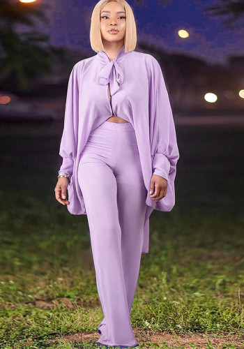 Sonbahar Kış Kadın Takım Elbise Moda Bağcıklı Yarasa Gevşek Kollu Gömlek Düz Bacak Pantolon İki Parçalı Set