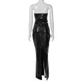 Women'S Autumn Fashion Solid Color Pu Leather Sexy Cutout Slit Strapless Dress