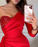 Women'S Sequin Patchwork Red One-Shoulder Club Dress