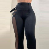 Women'S Black Mesh Patchwork High Waist Slim Pants