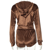 Women'S Fall Winter Hooded Drawstring Long Sleeve Zipper Hoodies Shorts Casual Two Piece Set