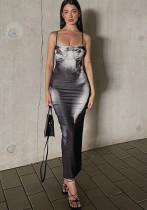 Damen Herbst Winter Strap Fashion Print Slim Back Schlitz langes Kleid