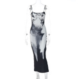 Women'S Fall Winter Strap Fashion Print Slim Back Slit Long Dress