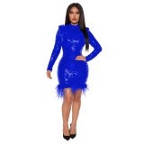 Fashion Bodycon Long Sleeve Round Neck Sequin Feather Party Dress