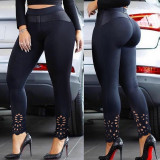 Women'S Black Patchwork Hollowout Tight Fitting Pants
