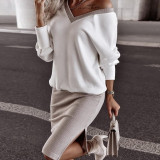 Women'S Fashion V-Neck Long Sleeve Top  Slit Skirt Two Piece Set