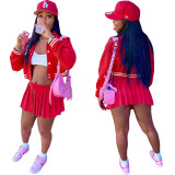 Fashion Solid Button Baseball Jacket Pleated Skirt Two Piece Set