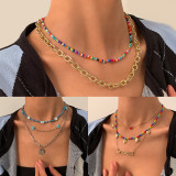 Retro Contrast Color Beaded Necklace Women Simple Bohemian Tassel Braided Necklace