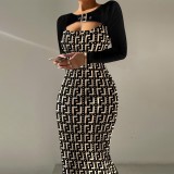 Women'S Fall Tight Fitting Print Contrast Long Sleeve Keyhole Plus Size Dress