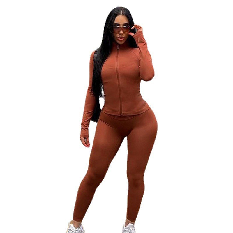Fall Winter Women'S Solid Color Zipper Casual Plus Size Tight Fitting  Women'S Sports Two Piece Pants Set - The Little Connection