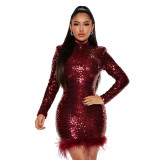 Fashion Bodycon Long Sleeve Round Neck Sequin Feather Party Dress