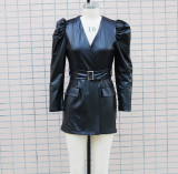 Fall Winter V-Neck Fashion Slim Waist Long Sleeve Faux Leather Dress With Belt