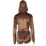 Women'S Fall Winter Hooded Drawstring Long Sleeve Zipper Hoodies Shorts Casual Two Piece Set