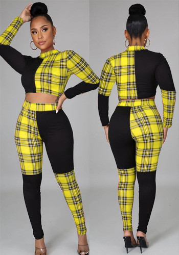 Conjunto de calças de duas peças moda feminina e sexy xadrez patchwork