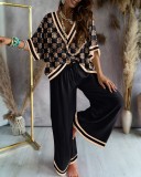Women'S Printed Bat Sleeves Casual Top And Wide Leg Pants Two Piece Set