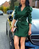 Fall Winter V-Neck Fashion Slim Waist Long Sleeve Faux Leather Dress With Belt