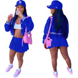 Fashion Solid Button Baseball Jacket Pleated Skirt Two Piece Set