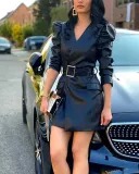 Fall Winter V-Neck Fashion Slim Waist Long Sleeve Faux Leather Dress With Belt