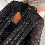 Women'S Fashion Black Sequin Back Lace-Up Baggy Top