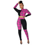 Women'S Fashion And Sexy Plaid Patchwork Two-Piece Pants Set