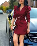 Fall Winter V-Neck Fashion Slim Waist Long Sleeve Faux Leather Dress With Belt