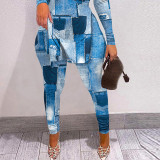 Women'S Fashion Print Slash Shoulder Long Sleeve Top Slim Pants Two Piece Set