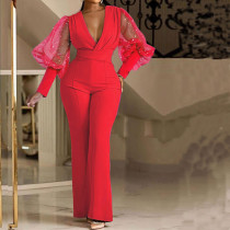 Women'S Autumn Fashion Chic Elegant V-Neck Mesh Patchwork Wide Leg Jumpsuit