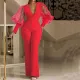 Women'S Autumn Fashion Chic Elegant V-Neck Mesh Patchwork Wide Leg Jumpsuit