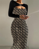 Women'S Fall Tight Fitting Print Contrast Long Sleeve Keyhole Plus Size Dress