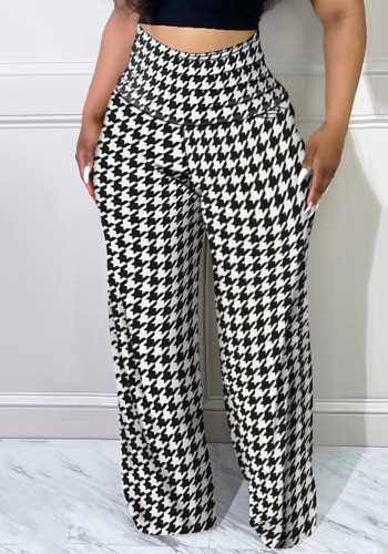 Autumn And Winter Women'S Plaid Street Trend Slim Houndstooth Print Plus Size Wide Leg Pants Trousers