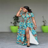 Women'S Fashion Casual Plus Size Printed Short Sleeve Slit Maxi Dress