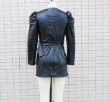 Fall Winter V-Neck Fashion Slim Waist Long Sleeve Faux Leather Dress With Belt