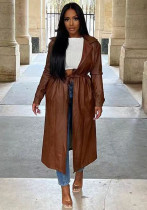 Women'S Fall/Winter Leather Belted Jacket Windproof Oversized Pocket Coat