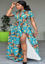 Women'S Fashion Casual Plus Size Printed Short Sleeve Slit Maxi Dress