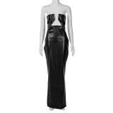 Women'S Autumn Fashion Solid Color Pu Leather Sexy Cutout Slit Strapless Dress
