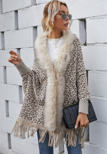 Women Fur Collar Fringed Leopard Print Cardigan