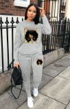 Fall Winter Women'S Printed Casual Round Neck Two Piece Tracksuit